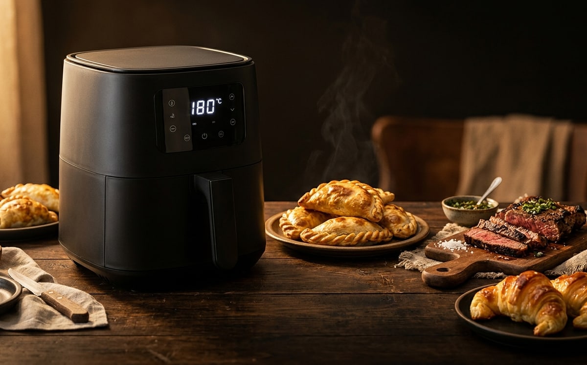 Freidora de aire con el display marcando 180 °C, rodeada de empanadas, vacío y medialunas doradas hechas en la freidora