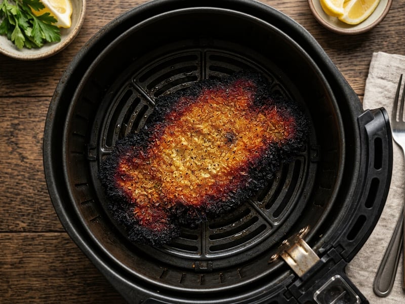 Milanesa quemada y reseca en la freidora, cocinada a 200° por 20 minutos