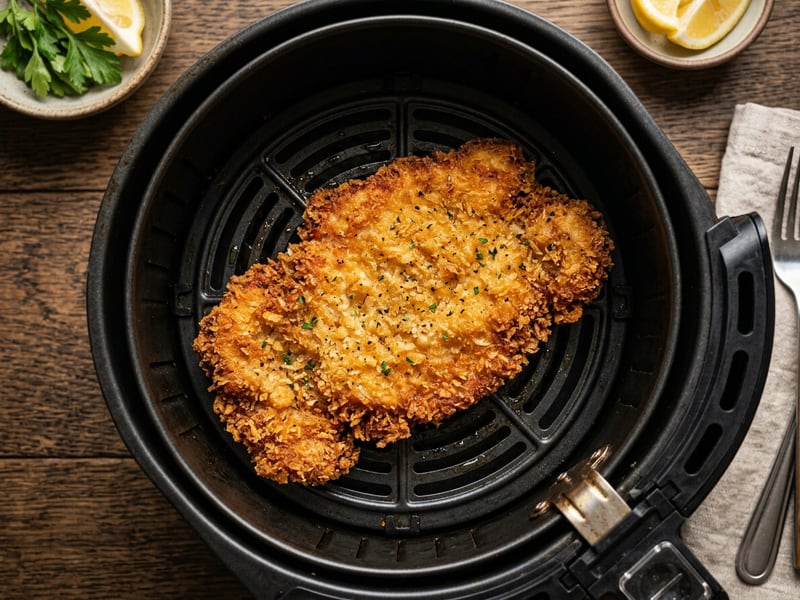 Milanesa dorada y crocante en la freidora, cocinada a 180° por 12 minutos