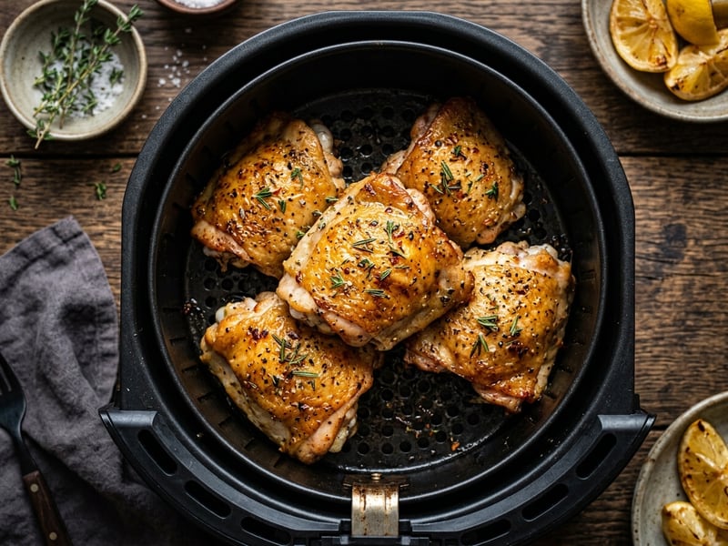 Pollo jugoso y dorado en la freidora, sellado a 200° y terminado a 170°