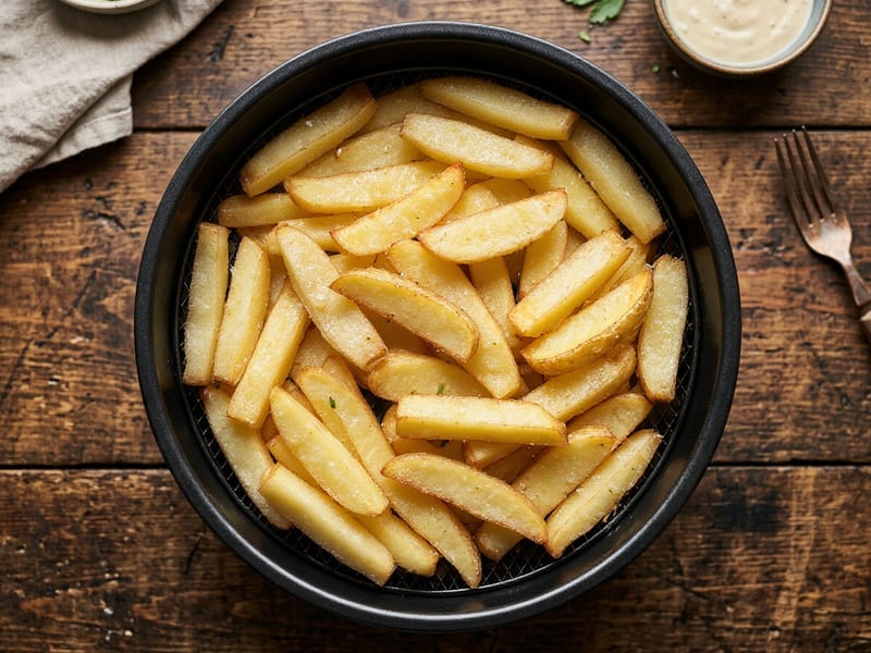 Papas pálidas y blandas amontonadas llenando la canasta de la freidora