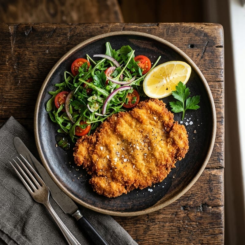 Milanesa crocante y dorada emplatada con ensalada fresca y limón