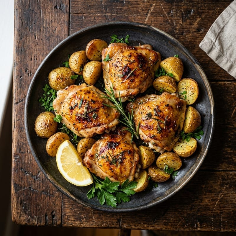 Pollo jugoso y dorado con papas asadas y romero, hecho en freidora de aire