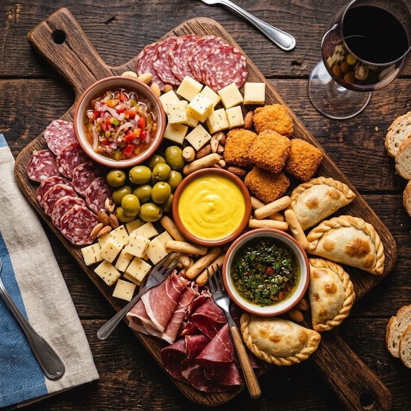 Picada argentina para compartir: fiambres, quesos, rebozados y empanaditas