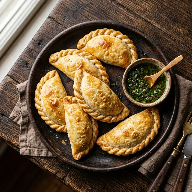 Empanadas doradas caseras con repulgue, acompañadas de chimichurri
