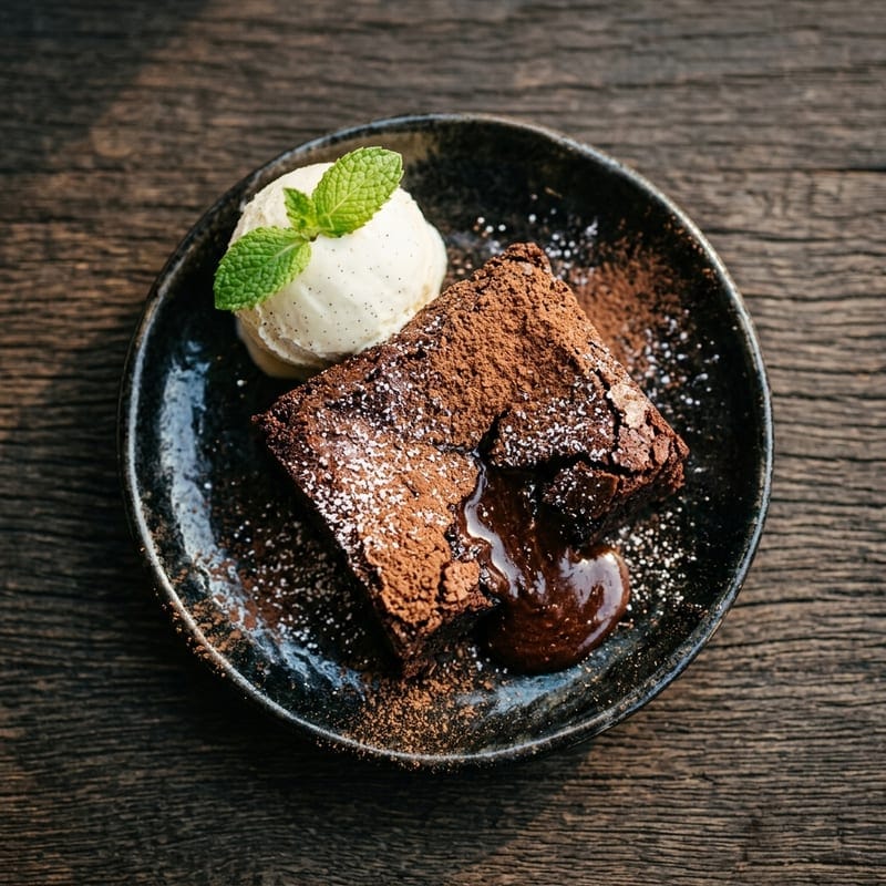 Volcán de chocolate tibio con helado de vainilla