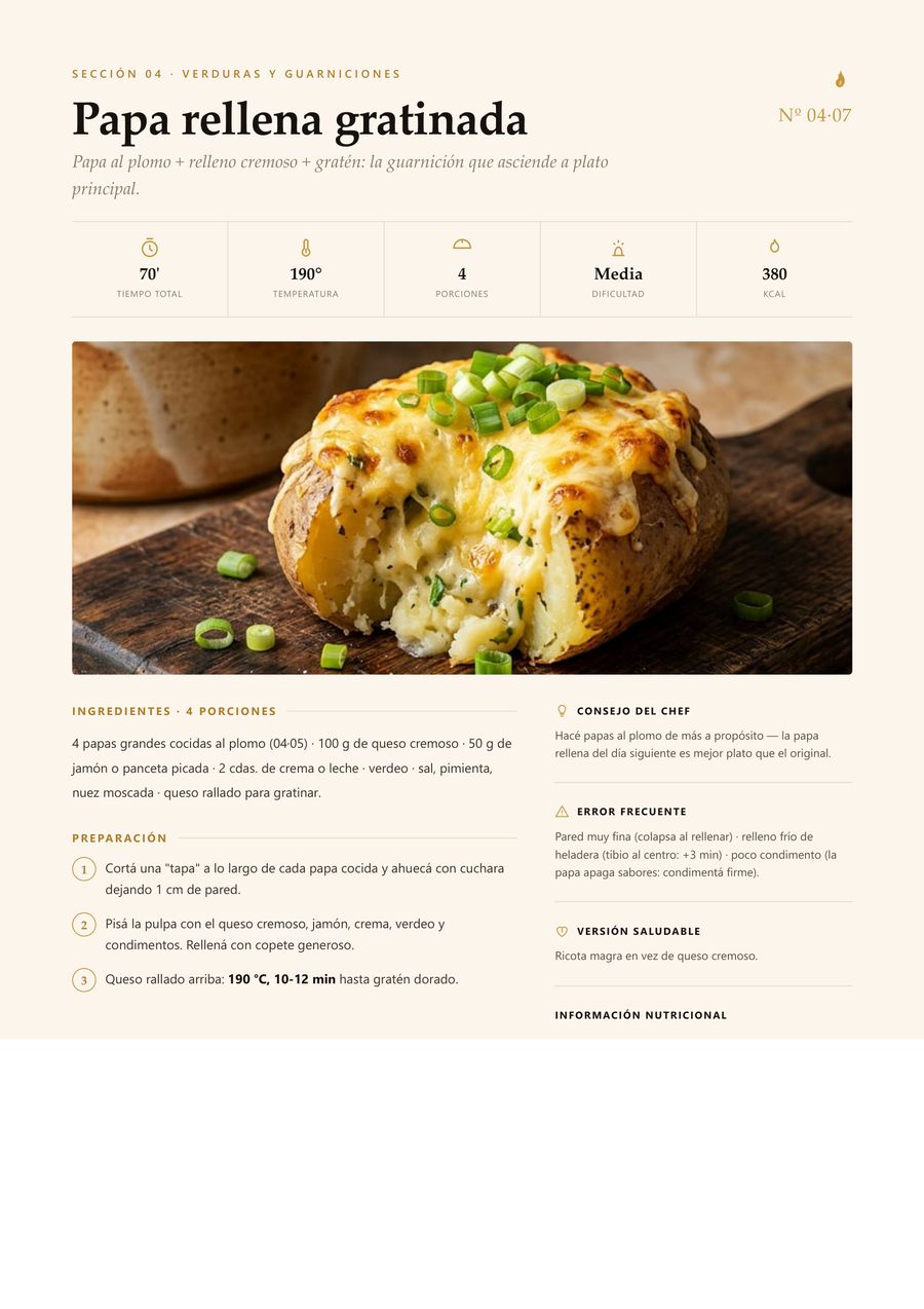 Receta de papa rellena gratinada con tiempos y temperatura exactos